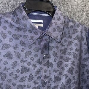 Johnston & Murphy Snap Button Shirt Men Slim Fit L Flip Cuff Paisley Black Blue